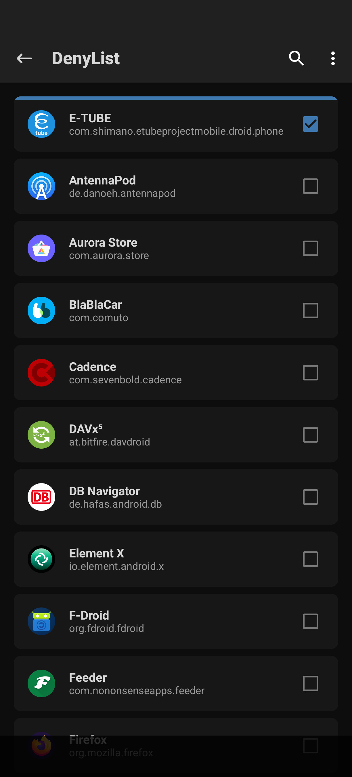 Screenshot of the Magisk app showing the exception list